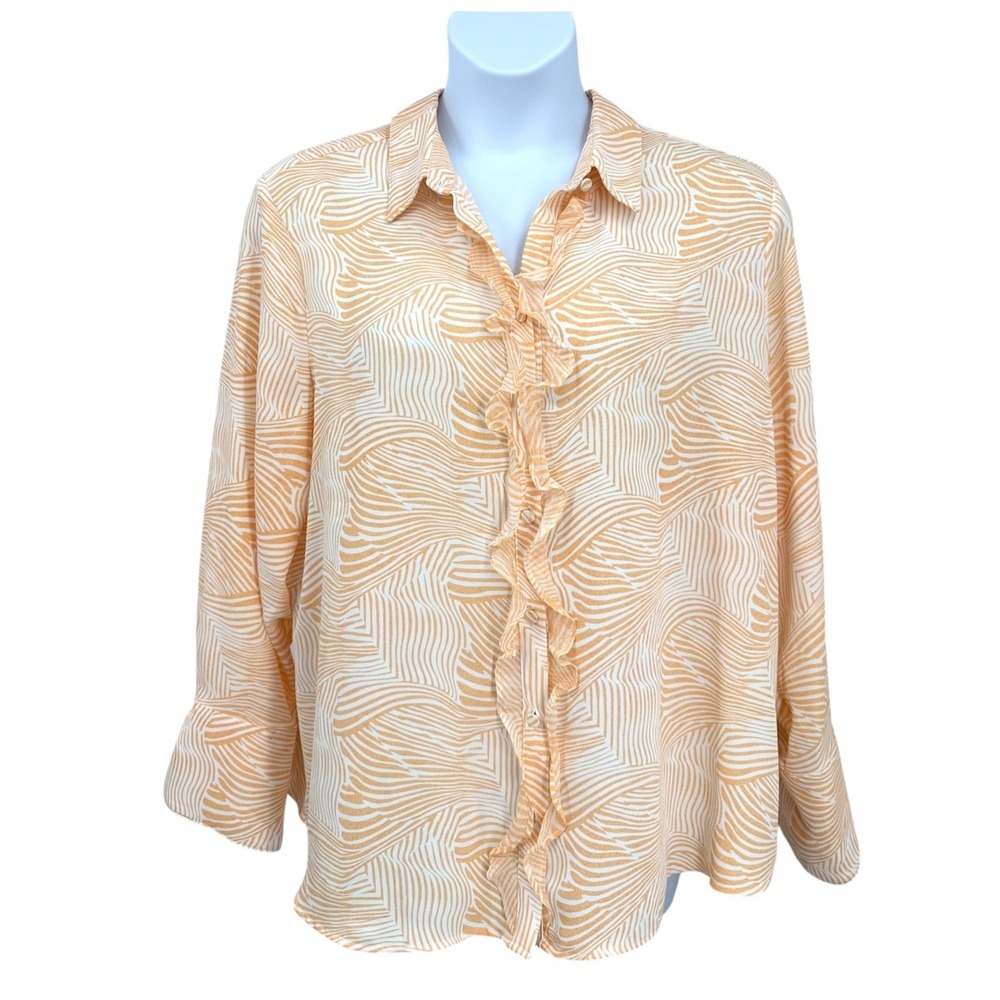 Chico's Ruffle‎ Button Front Blouse Tangerine Swirl Long Sleeve Women's 20/22W